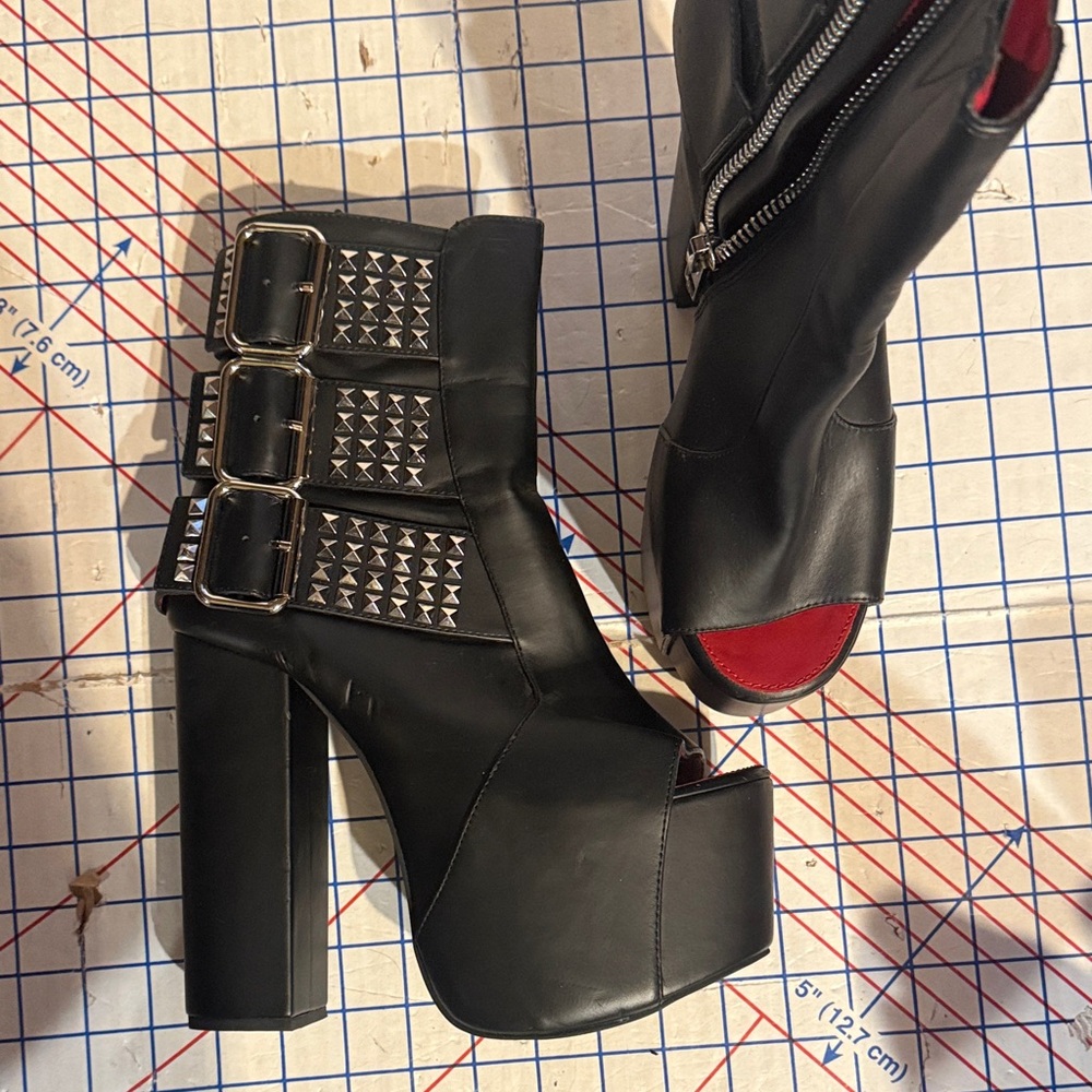 Triple Buckle Black Heeled Boots
